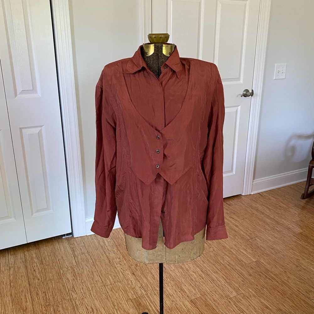 Diane Gilman Terracotta Silk Shirt with Knit Overlay